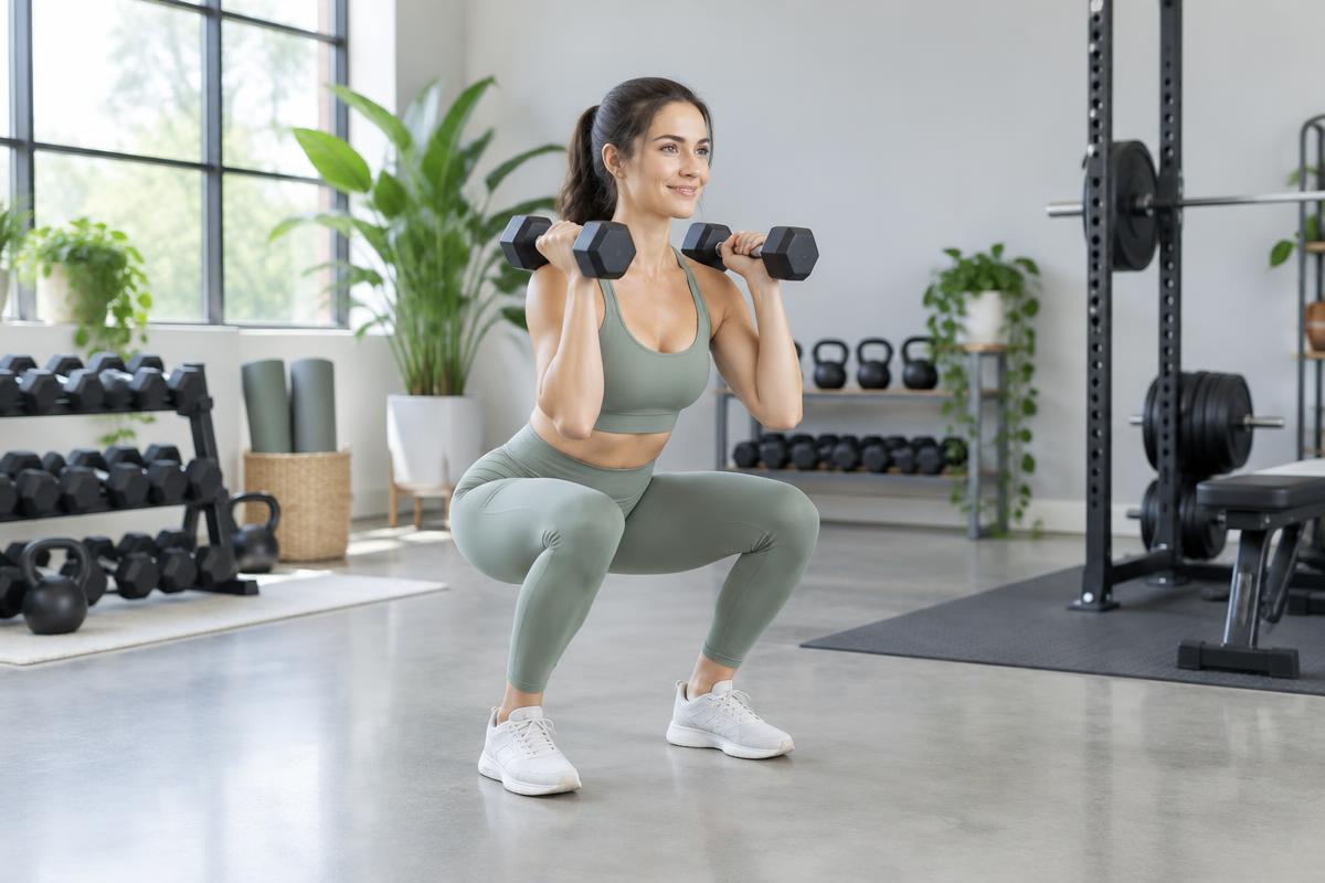 A woman training with dumbbells in a bright gym